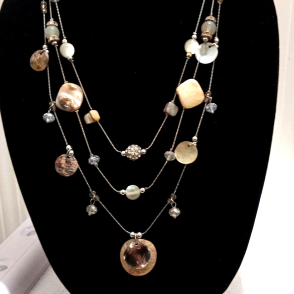 Abalone, Rhinestones, Pearlized Beads on Silver Tone Chain,3 Strand Neckless